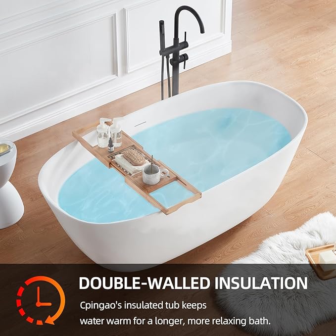 Cpingao 55" Stone Resin Solid Surface Freestanding Bathtub, Modern Elegant Design Soaking Stand Alone Tub, Matte White, Chrome Drain and Overflow Included 8823A-1400