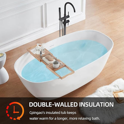 Cpingao (63"Lx31.5"Wx22"T) Stone Resin Solid Surface Freestanding Bathtub, Modern Elegant Design Soaking Stand Alone Tub, Matte White, Chrome Drain and Overflow Included 8823A