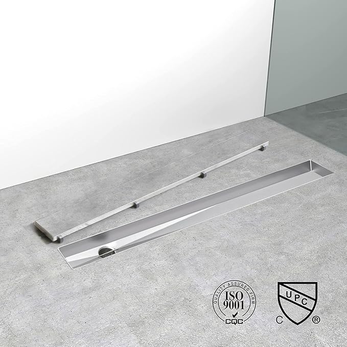 Offset Linear Shower Drain, Shower Drain 24 inch with 2-in-1 Tile Insert Cover, Brushed AISI 304 Stainless Steel Side Outlet Shower Floor Drain with Hair Catcher and Adjustable Feet