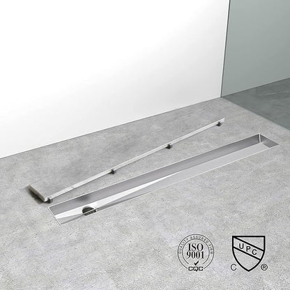 Offset Linear Shower Drain, Shower Drain 48 inch with 2-in-1 Tile Insert Cover, Brushed AISI 304 Stainless Steel Side Outlet Shower Floor Drain with Hair Catcher and Adjustable Feet