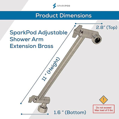 SparkPod 11" Solid Brass Shower Head Extension Arm - Flexible Height & Angle Adjustable Shower Arm Extension for Rain Showerheads with Sturdy Lock - Universal Pipe Connection (Elegant Brushed Nickel)