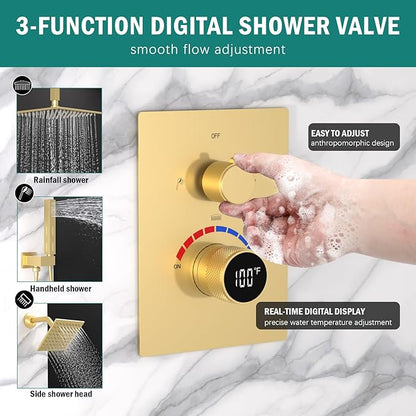 Digital Shower Valve 3 Way Diverter Temperature Display Shower Mixer 3-Function Brass Rough-in and Rectangle Brushed Gold Trim Kit