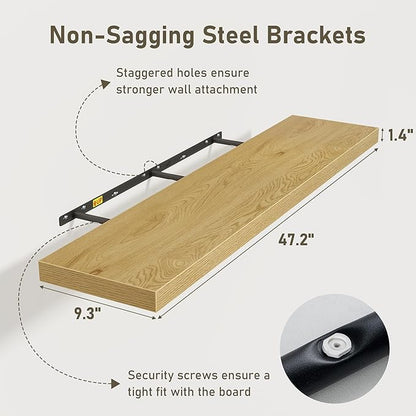 Floating Shelves Wall Shelf 48 Inch, 9.3 Inch Deep Floating Shelf for Wall, Farmhouse Black Wood Shelves Invisible Bracket for Living Room, Bedroom, Kitchen, 48 x 9.3 x 1.4 Inch, Set of 2, Oak Color