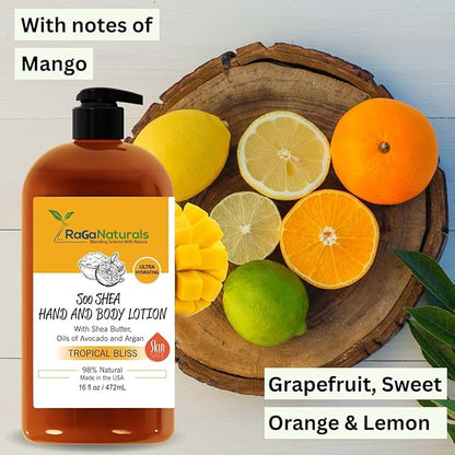 RaGaNaturals Natural Mango Body Lotion for Dry Skin - Tropical Bliss Moisturizer with Shea Butter, Vitamin E, B5, Argan & Avocado Oil - Refreshing Fruity Scent, Plant Based, Non-Greasy, Vegan - 16 Oz