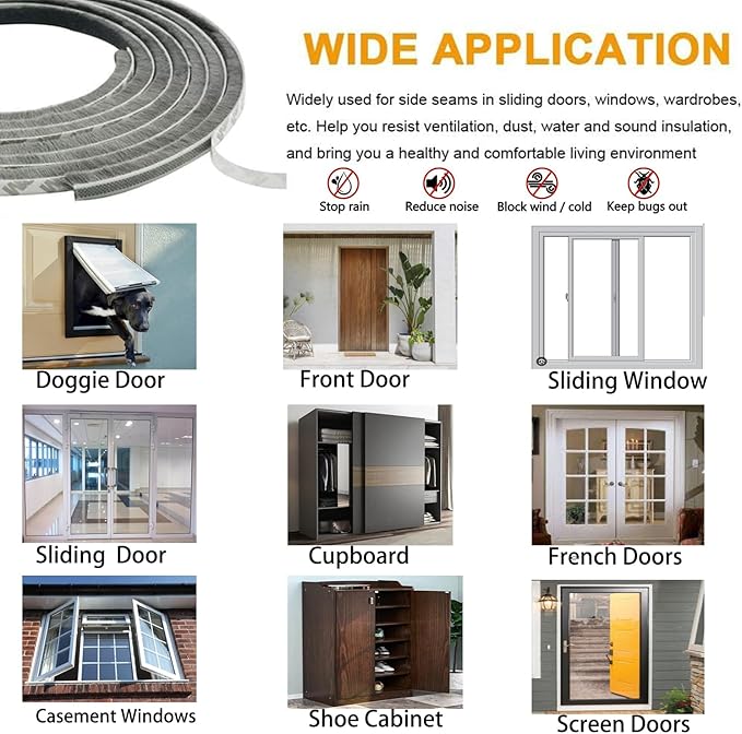 33ft Weather Stripping Brush for Sliding Windows/Doors Frame Side,Pile Self Adhesive Weatherstrip Seal Strip Sealer Draft Stoppers(33ft 0.35''Wide x 0.6''Thick, Black)