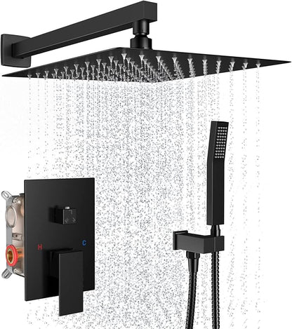 Shower System Wall Mounted 10 inch Shower Overhead for Bathroom,Rain Shower Combo Set with Handheld Spray,Luxury Rainfall Shower Head Rough-in Valve and Trim Included(Matte Black)