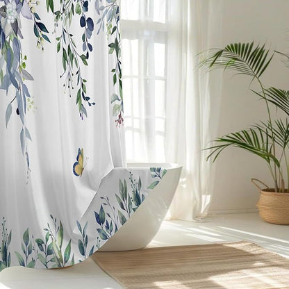 No Hook Shower Curtain and Liner Set, Green Eucalyptus Floral Shower Curtains for Bathroom, Bath Curtain Sets with Snap in Liner, Waterproof with See Through Top Window, 71x74 Inches