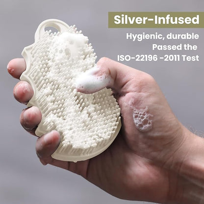 Silicone Body Scrubber Silver-Infused Dual-Sided 3-in-1 for Shower, Body Cleaning+Massage+Exfoliator Body Brush Buffer for Men and Women, Silicone Loofah, Non-Slip Handle (Stone)