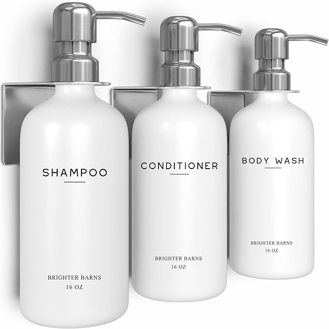 Luxury Shampoo and Conditioner Dispenser Set Wall Mounted by Brighter Barns - Refillable Shampoo Dispenser for Shower Wall - Shower Bottles 3 Chamber No Drill for Guest Bathroom, Airbnb, Hotel (White)