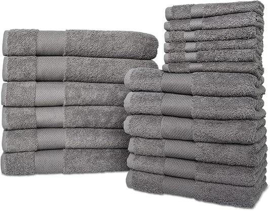 Hencely 18-Piece Bath Towel Set - High Absorbency, Quick Drying - 100% Soft Turkish Cotton - 6 Bath Towels, 6 Hand Towels, 6 Washcloths - Bathroom, Home, Hotel, Spa, and Gym - 18-Pack Gray