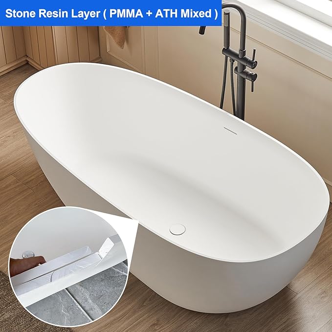 Cpingao 63" Stone Resin Freestanding Bathtub, Oval Solid Surface Contemporary Soaking Tub, Matte White Flatbottom Tubs with Overflow and Pop-up Drain, cUPC Certified 8848-1600