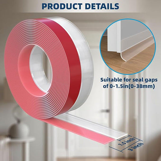Heavy-Duty 20 ft x 3 in Weather Stripping, Extra Thick 2mm Door Draft Stopper Silicone Seal Strip for House and Glass Shower Doors for Collision and Side Gaps of Door and Windows, Clear