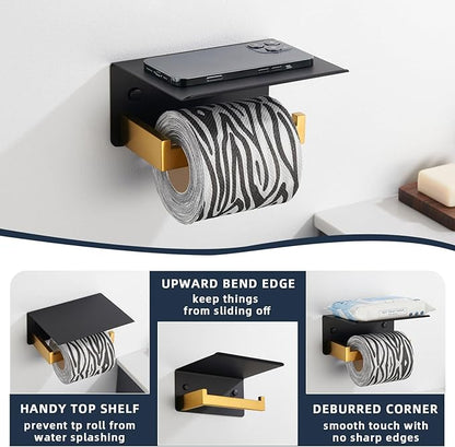 Angle Simple Toilet Paper Holder with Shelf, 304 Stainless Steel Bathroom Tissue Roll Holder for Wall Black and Gold