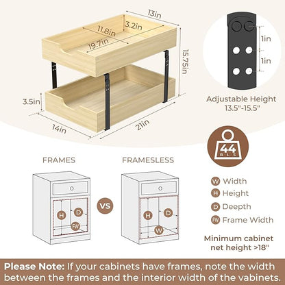 COOLBEBE Pull Out Drawer Organizer for Cabinets, 2 Tier Soft Close Cabinet Drawers Slide Out, 2 Layer Wood Double Tier Pull Out Shelves for Kitchen, Pantry, Bathroom