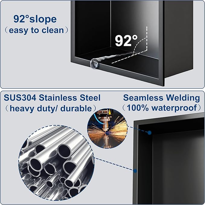 Neodrain No Tile Shower Niche, Stainless Steel Wall Niche 13.1"X25.1"(Inner Size 12"X24"), Two-Tier Bathroom Shelf, NO Tile Needed Recessed Cabinet for Bathroom Storage, Matte Black