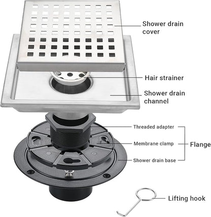 6 Inch Square Shower Floor Drain, Stainless Steel Black Shower Drain Kit with Flange, Floor Drain with Removable Grid Cover,Brushed Nickel