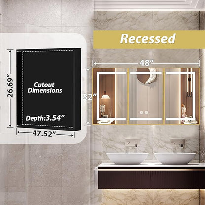 APRILSOUL 48X32 Inch Gold Bathroom Medicine Cabinet with Mirror, Recessed or Surface Lighted Medicine Cabinet with 3 Colors Temperature, Dimmable Light