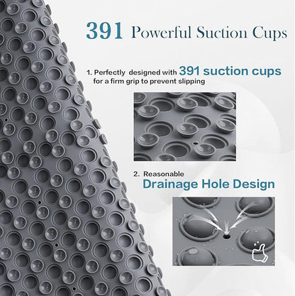 Silicone Push Pop Bath Mat with 391 Suction Cups,33x17.3 Inch Non-Slip Tub Mat for Adults, Superior to Foldable Mats for Safety & Stability with Drain Holes, Gray Thickend Soft Shower Mat
