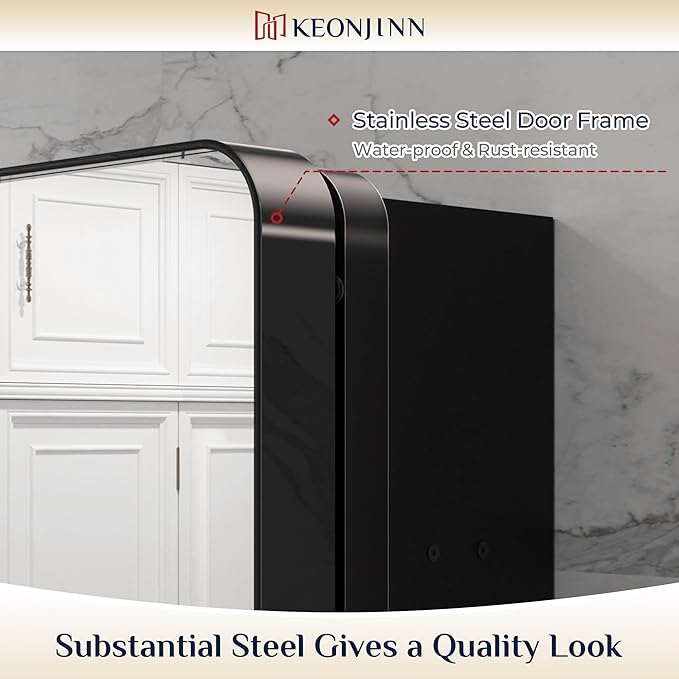 Keonjinn 20 x 26 Inch Black Recessed Medicine Cabinets, Bathroom Mirrored Medicine Cabinet, Gloss Black Stainless Steel Framed, Adjustable Shelves, in Wall or Surface Mount, Sturdy & Heavy, Farmhouse