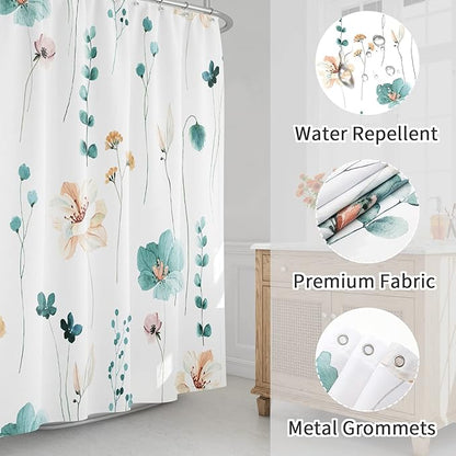 Gibelle Watercolor Floral Shower Curtain, Teal Beige Flower Shower Curtain for Bathroom, Modern Minimalist White Waterproof Fabric Shower Curtain Set 72x72 Inch