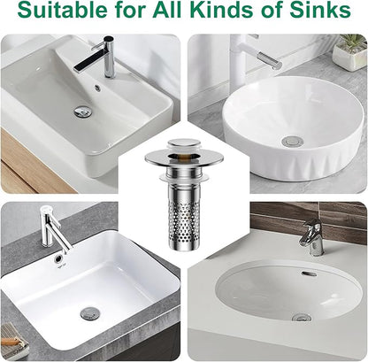 Bathroom Sink Drain Strainer,Universal Pop-Up Sink Stopper Hair Catcher, Anti-Clog Stainless Steel Drain Filter Basket, Removable Sink Drain for Bathroom Sink Stopper Replacement
