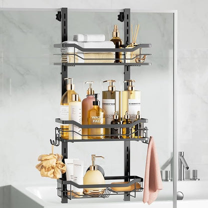 LEVERLOC Over The Door Shower Caddy, Shelf Distance Adjustable Hanging Rack Sturdy Rust Proof Bathroom Shelves with Strong Suction Cup, Shower Organizer Basket Storage Rack, Metal Black