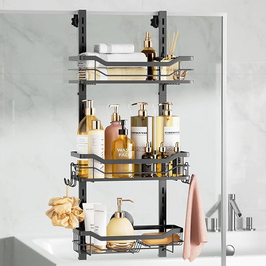 LEVERLOC Over The Door Shower Caddy, Shelf Distance Adjustable Hanging Rack Sturdy Rust Proof Bathroom Shelves with Strong Suction Cup, Shower Organizer Basket Storage Rack, Metal Black