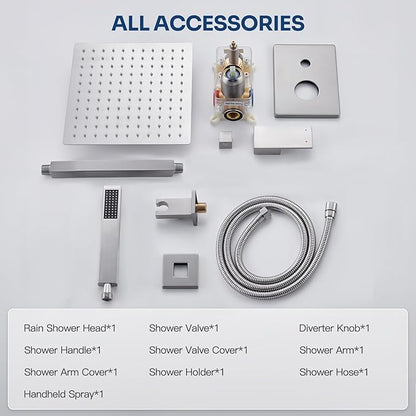 Ceiling Mount Shower Faucet Set, Shower System with 10-Inch Rain Showerhead and Handheld Spray Combo, High-Pressure Showerheads Set with Valve and Trim Kit, Brushed Nickel