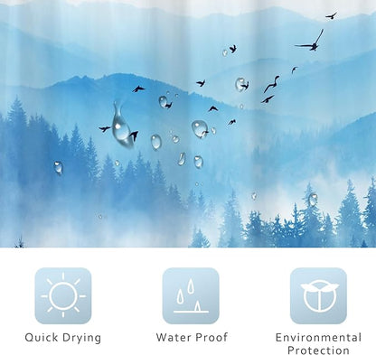 Riyidecor Navy Blue Shower Curtain 48Wx72H Inch,Stall Narrow Rv Small Nature Mountain Woods,Rustic Landscape Scenery Pine Tree Woodland Cool Bathroom Decor Fabric Polyester Waterproof 12 Pack Hooks