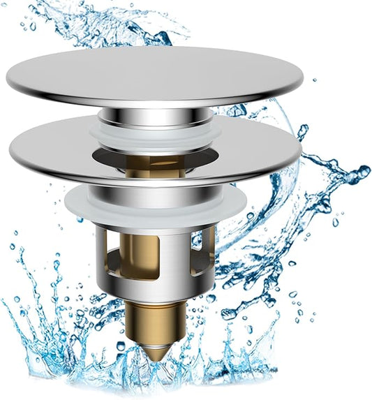 Hibbent All Metal 2 in 1 Bathroom Sink Stopper, Universal Pop Up Drain Strainer, Brass Bullet Core Push Type Sink Stopper for 1.1''~2.3'' Basin, Big Push Button, Anti Clogging Drain Filter, Chrome