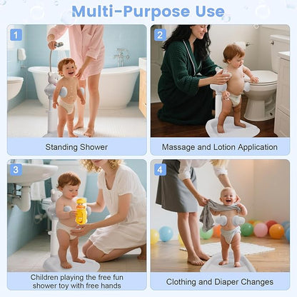 Adjustable Baby Shower Stand with Bear Design, Portable Bath Support with Non-Slip Base, Bathing Toy with Baby Bathing Station (Grey)