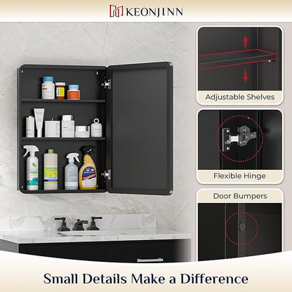Keonjinn 20 x 32 Inch Black Mirrored Medicine Cabinet, Recessed Medicine Cabinets for Bathroom, Gloss Black Stainless Steel Framed, Adjustable Shelves, In Wall or Surface Mount, Sturdy & Heavy, Modern