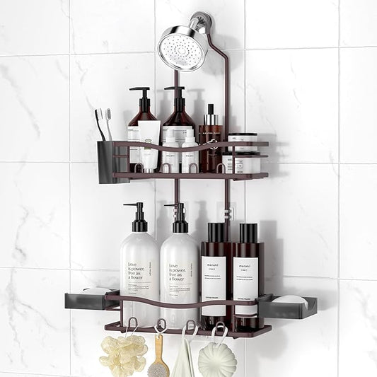 REINHARDT Shower Caddy Hanging, Rustproof Shower Caddy Anti-Swing Shower Organizer No Drilling Showers Racks with Soap Holder Multi Hooks Bathroom Storage for Shampoo Sponge, Bronze