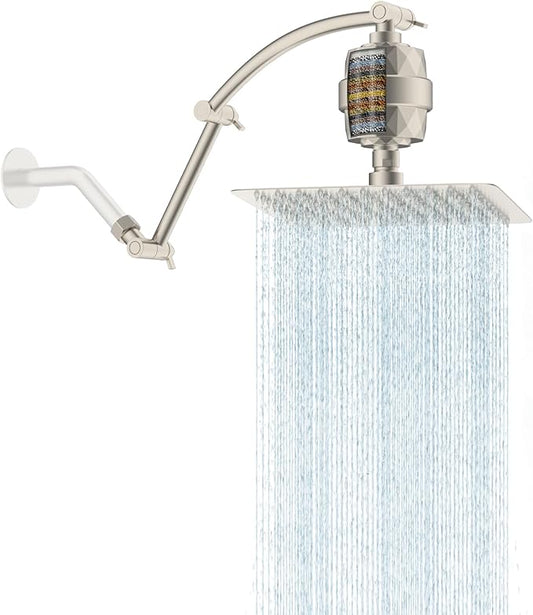 Hibbent All Metal Rain Filtered Shower Head, 10'' High Pressure Rainfall Showerhead with 16" Shower Extension Arm, 20 Stage Shower Filter, Solid Brass Adjustable Shower Arm Extender, Brushed Nickel