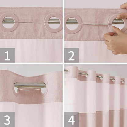 Long No Hooks Needed Linen Textured Shower Curtain with Snap-in Fabric Liner Set,Blush Hotel Luxury Decor Shower Curtains for Bathroom,Waterproof & Washable,71Wx80H