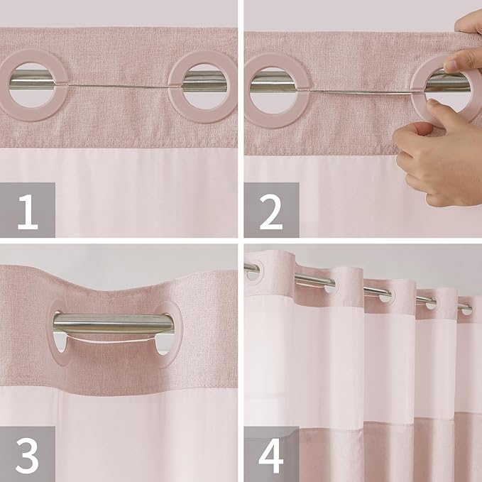 Extra Long No Hooks Needed Linen Textured Shower Curtain with Snap-in Fabric Liner Set,Blush Hotel Luxury Decor Shower Curtains for Bathroom,Waterproof & Washable,71Wx86H