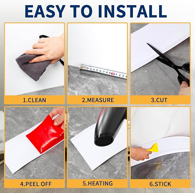 Flexible Baseboard Molding Trim 4 Inch Self-Adhesive Vinyl Wall Base Peel and Stick Cove Base Rubber Wall Baseboard Moulding Trim (20Ft, White)