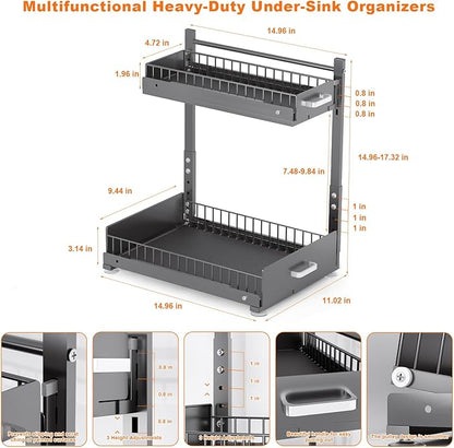 Under Sink Organizer,2 Tier Slide Out Kitchen Cabinet Organizers with Pulley,Under Bathroom Sink Pull Out Organizer with Multiple Height Adjustments for Kitchen and Bathroom Cabinets (Gray)