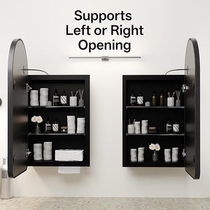 LED Arched Bathroom Medicine Cabinet with Mirror, No Assembly Needed, Recessed or Surface Mount Wall Storage Cabinet, Mirror Cabinet with Tissue Slot (Black-LED, 31.5" L x 19.7")
