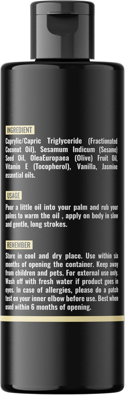 Organic - Vanilla Full Body Massage Oil - No Stain & Non-Sticky | with Fractionated Coconut Oil, Vanilla & Jasmin Oil | for Massage Therapy - 4.05 Fl Oz