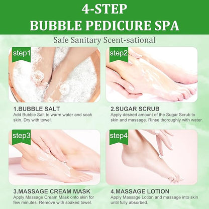 Pedicure Kit Foot Soak Set: Bubble Salt, Sugar Scrub, Massage Mask, Massage Lotion in a Box, 4 Step Foot Spa Kit for Dry Feet,Tired Feet (1 Set Olive)