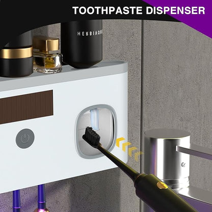 Wall Mounted Toothbrush Holder with Toothpaste Dispenser Electric Toothbrush Holder for Bathroom Solar Charging and No Drilling Required Smart Toothbrush Organizer with 5 Brush Slots