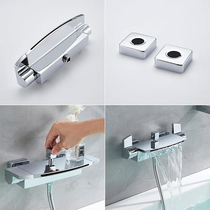 Wall Mount Tub Faucets Chrome Waterfall Tub Faucet with Sprayer, Wall Mount Tub Filler, Brass Bathtub Wall Faucet with Hand Shower, 2 Handles - JIAENLEMA