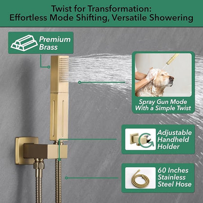 VANFOXLE Shower Faucet Set Brushed Gold Shower System,Shower Faucet with 2 in 1 Handheld,Ceiling Mount 16 Inch Shower Head+6 Inch Shower Head(Rough-in Valve Body and Trim)