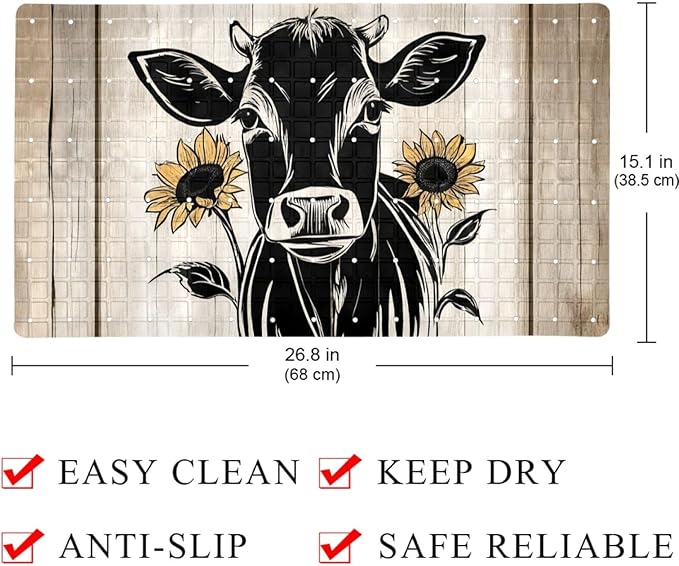 Bath Tub and Shower Mats, Non Slip Bathmat with Drain Holes and Suction Cups for Bathroom Floor, 15.1 x 26.8 Inch (Farm Animal Cow with Sunflowers on Wooden Background)