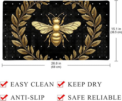 Bath Tub and Shower Mats, Non Slip Bathmat with Drain Holes and Suction Cups for Bathroom Floor, 15.1 x 26.8 Inch (Embroidery Art Golden Bee with Wreath)