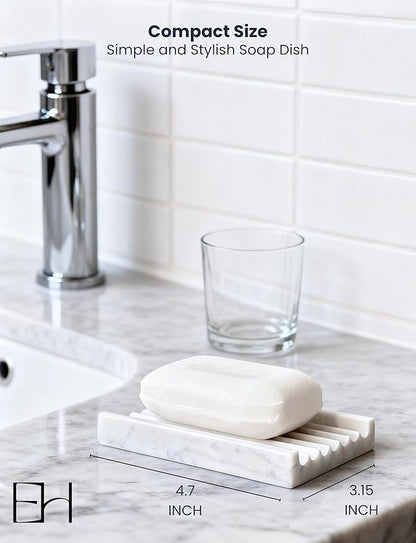 Marble Soap Dish - Soap Dish for Shower, Shower Bar Soap Holder, Stone Soap Container for Marble Bathroom Accessories, Decorative Dish with Drainage (Calacatta White, Rectangular)