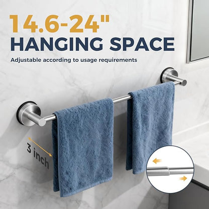 14.6inch~24inch Towel Racks for Bathroom,Adjustable Suction Cup Towel Bar for Bathroom Wall,Stainless Steel Bath Towel Holder for Shower(Brushed Silver)
