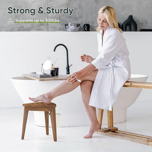 12.4“ Tall Small Teak Shower Stool for Shaving, Waterproof Corner Foot Rest with Storage Basket, Space-Saving Design for Compact Showers