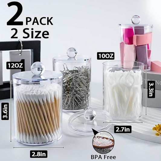 2 Pack Qtip Holder,Canister Apothecary Jar Set, Bathroom Jars with Lids Set for Cotton Swabs, Balls, Pads, Floss Picks,10oz-12oz Plastic Canisters Restroom Bedroom Vanity Organizer(Clear)